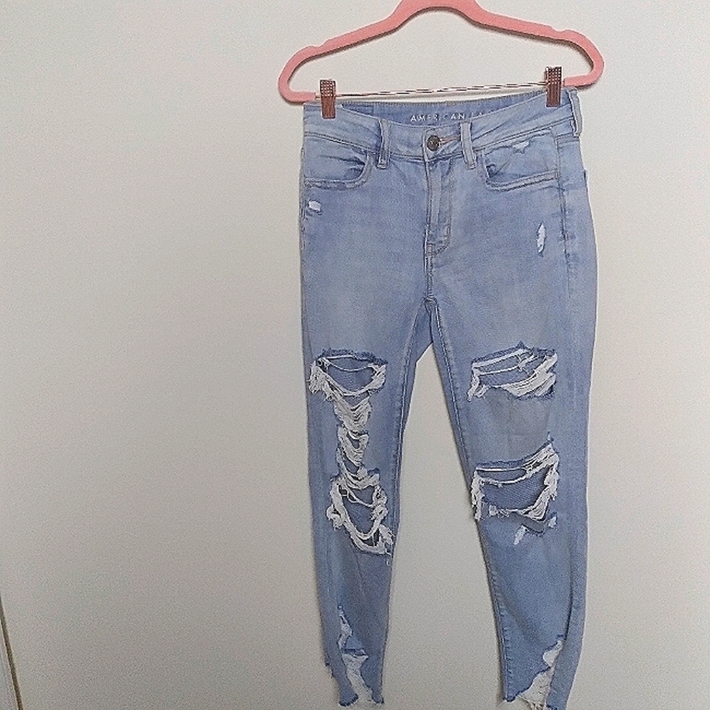 American Eagle Light Wash Distressed Hi Rise Jegging Crop Stretch Jeans Size 2
